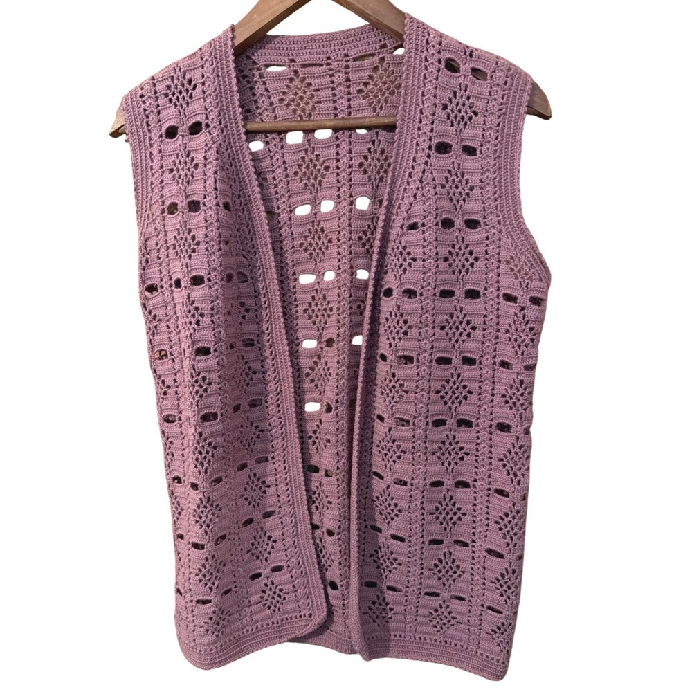 Handmade Crochet Vest Boho Open Front Geometric Knit Mauve Purple Medium